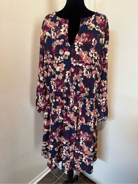 JustFab Navy Floral Long Sleeve Split-Neck Dress with Pink and Cream Blooms